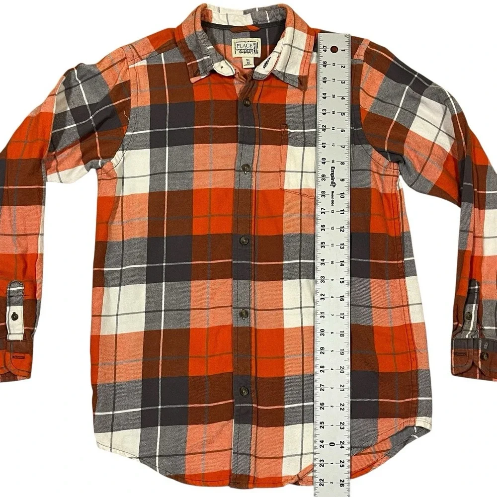 Kids The Children's‎ Place Orange Gray Flannel Button Shirt Size XL 14 Preppy